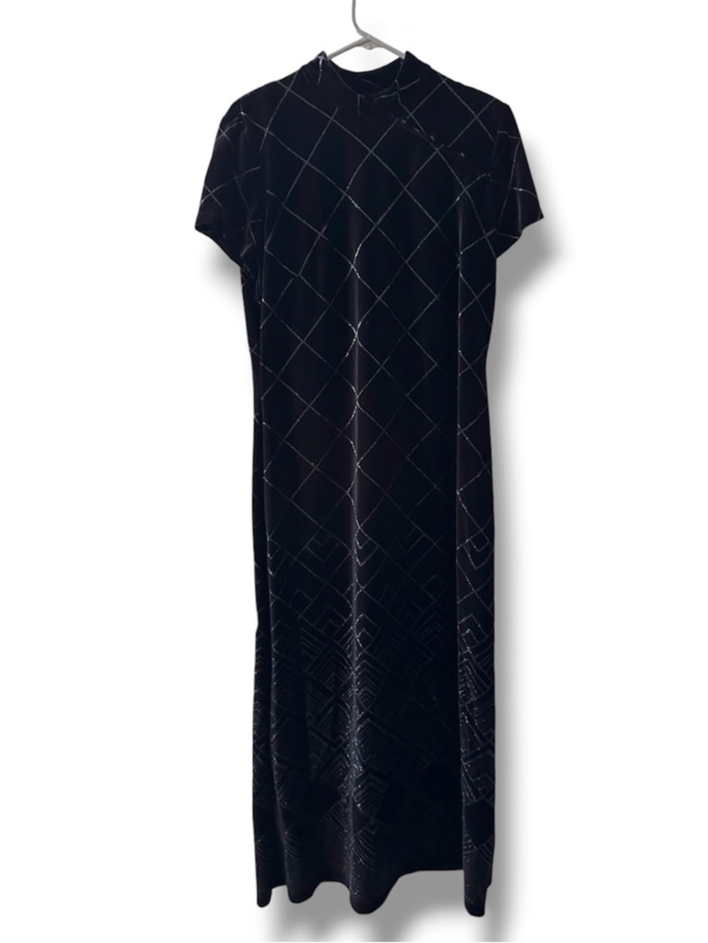 Vintage 90s Black Velvet Glitter Diamond Maxi Dress Women’s Size 14 Art Deco